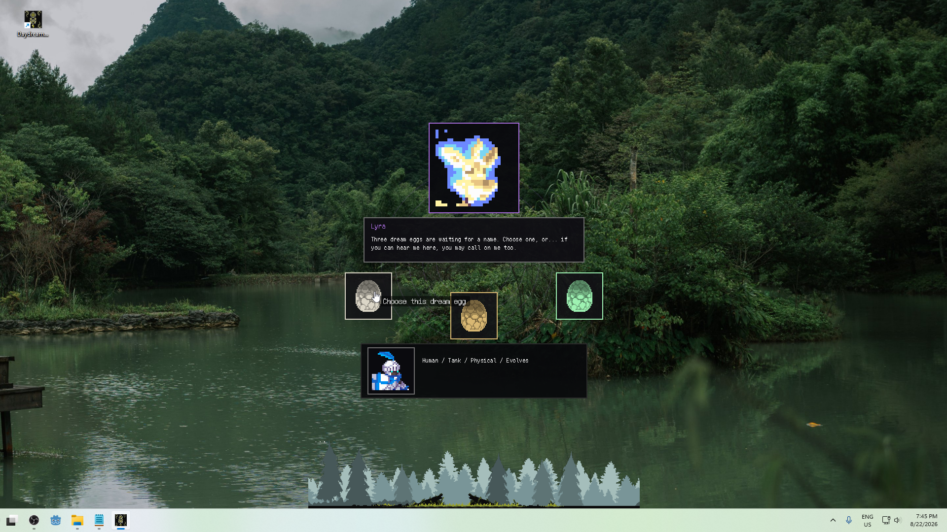 The opening choice with three dream eggs.