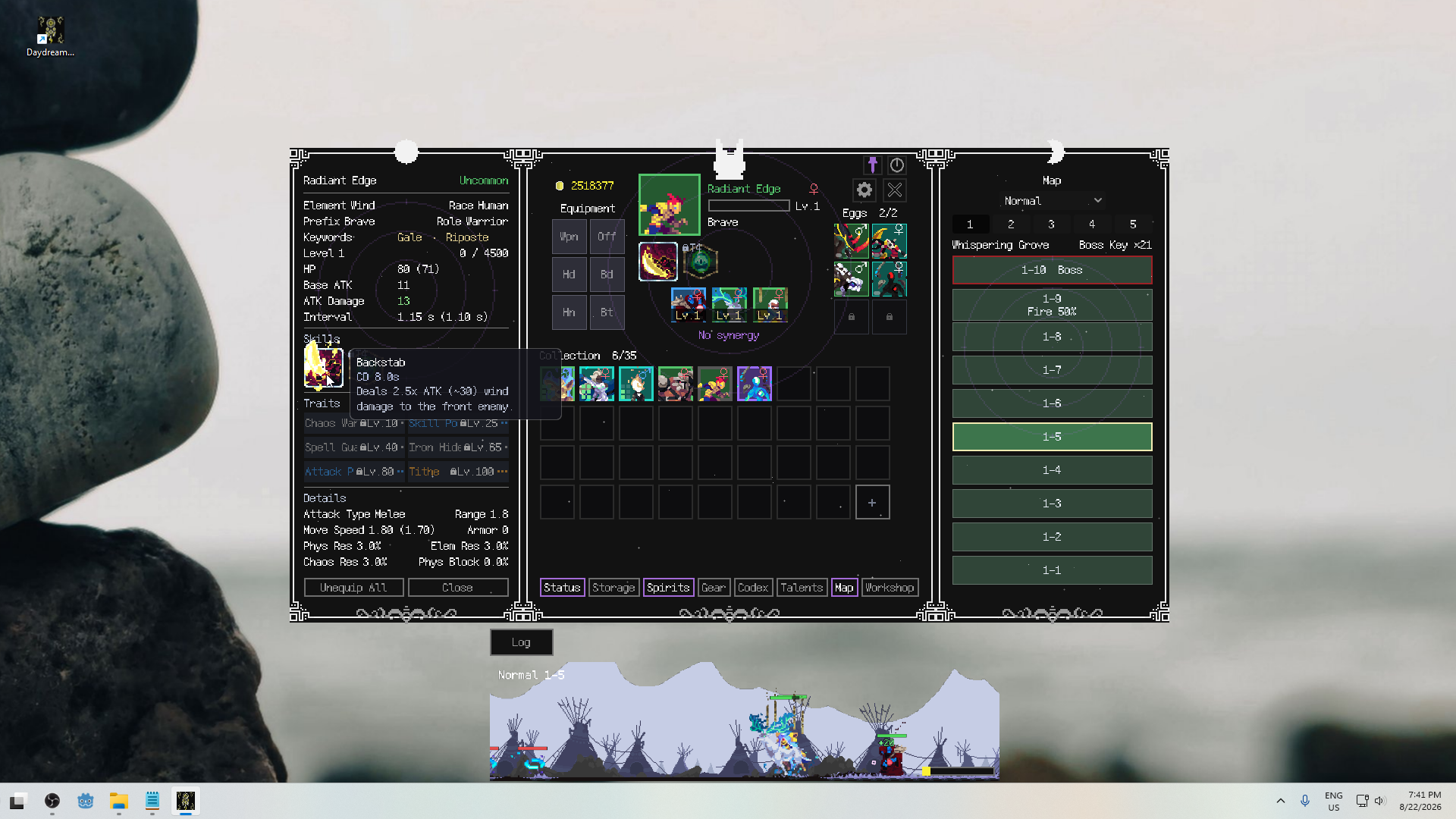 Spirit status and map interface shown over the desktop.
